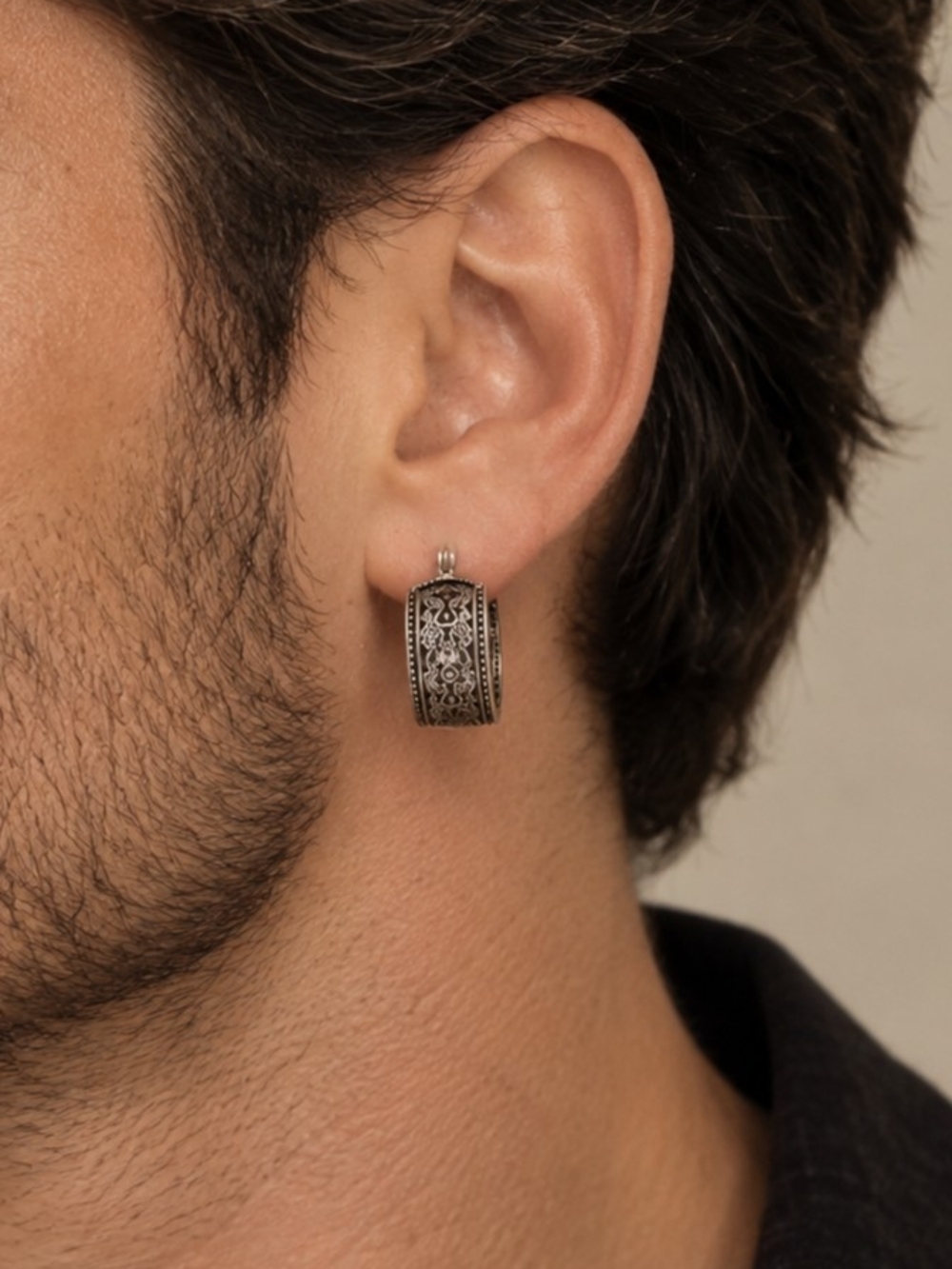 925 Men's Silver Patterned Hoop Earring